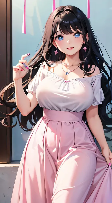 Highest quality、Beautiful adult woman、Female university student、((Blue hanging eyes))、Bluish black hair、Wavy curly long hair、Down Bangs、(Clothed Big Tits)、White short puff sleeve blouse、(((Pink nails)))、(smile、Pink sexy lips、Earrings、necklace、Long skirt)