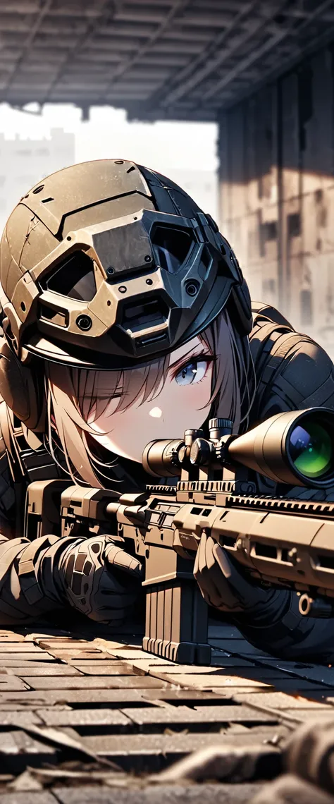 (masterpiece),(Highest quality),(High resolution),(Very detailed),8k,wallpaper,(One Woman:1.6),Brunette,Short Bob,(Beautiful Face,Beautiful Eyes,Beautiful Hair,Beautiful Skin),(Serious),BREAK(((aim at something with a sniper rifle:1.5))),((Look through the...