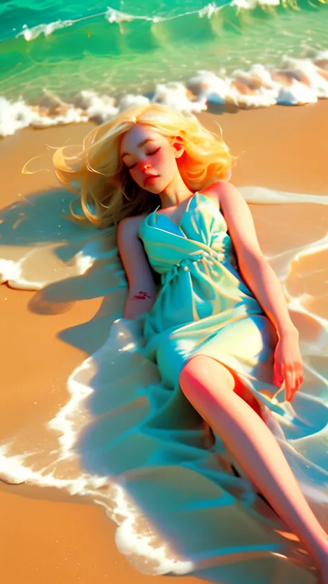 woman、Blonde、Lying down、Sandy Beach、Water&#39;s Edge、woman、24-years-old、Swimwear、smile、sunny