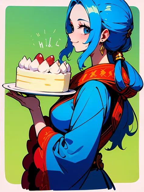 sideview,looking at viewer,solo,upperbody,(NefertariVivi),blue hair,gorgeous cake、be happy、good hand,delicious smile.Highest quality