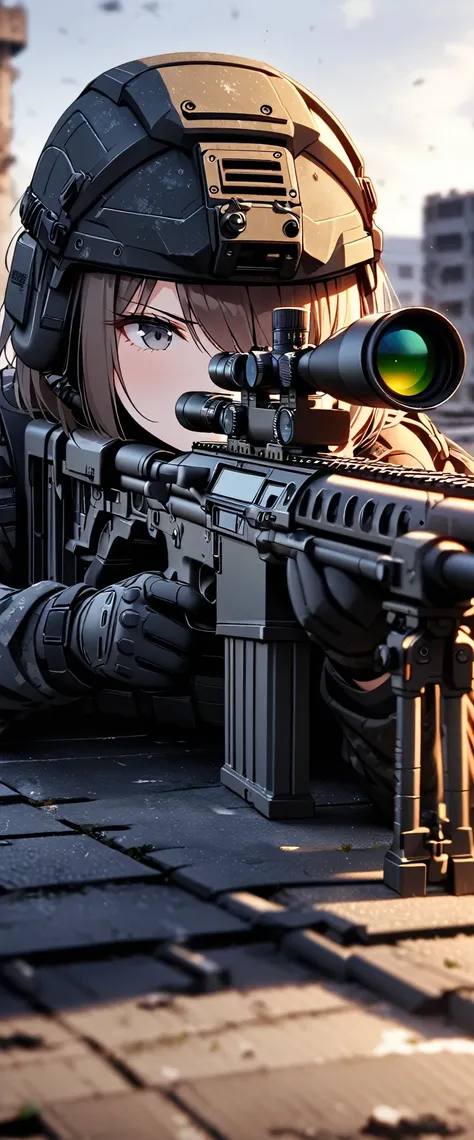 (masterpiece),(Highest quality),(High resolution),(Very detailed),8k,wallpaper,(One Woman:1.6),Brunette,Short Bob,(Beautiful Face,Beautiful Eyes,Beautiful Hair,Beautiful Skin),(Serious),BREAK(((aim at something with a sniper rifle:1.5))),((Look through the...