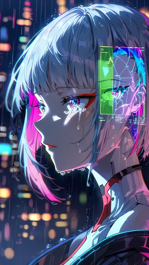 1girl, solo, lucy \(cyberpunk\), cyberpunk \(series\), asymmetrical hair, short hair, blue hair, green hair, pink hair, multicol...