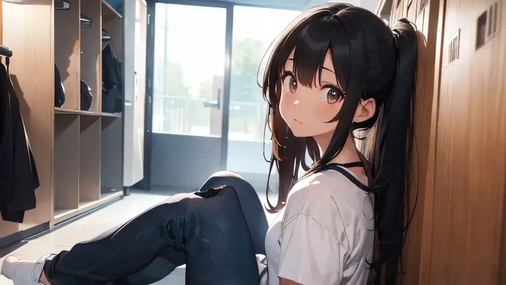 (HD, High Definition, 4k) An 18 year old girl (sitting on the floor), long black fur, Brown eyes, surprised and ashamed hidden in the dressing rooms, near the locker room, He wears a white t-shirt and blue pants. (she is looking at a penis near her face) (...