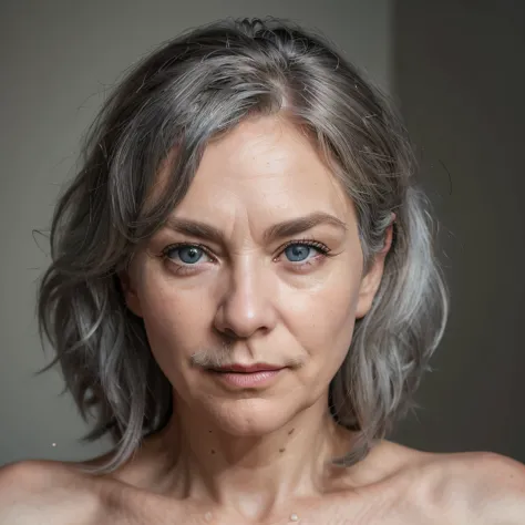 (best quality, ultra-detailed, realistic:1.37), 60 year old Swedish female, grey hair, medium length curly layered hairstyle, bright blue eyes, high cheek bones, pale skin tone, shot on a Canon EOS R6 Mark II camera, bent over, looking over shoulder, visib...