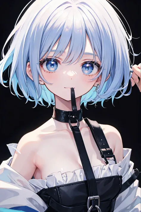 Highest quality,smile,woman,woman1人,adult,cute,Medium Hair,Light blue hair color,Light blue eyes,Laugh with your mouth open,Off-the-shoulder tops,Black shorts,Piercing,Black choker, Background white,Simple background,