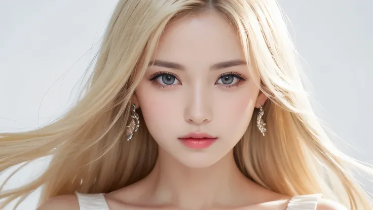 (((forehead、Extreme pose、A calm face、white dress、White Blonde Hair、Waist-length hair、Northern Europe、White、beautiful girl、Blonde、bust shot, White background、cute、Young、True Face、Shiny Hair、whole body)))、table top, highest quality, figure, super detailed, f...