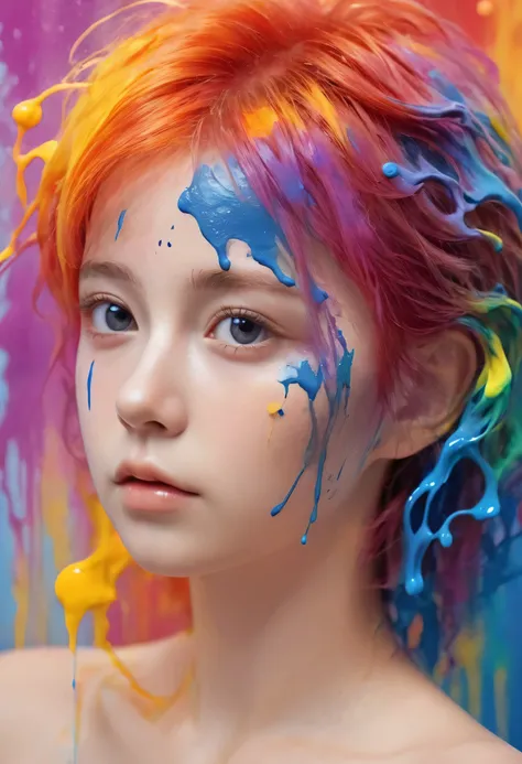 (Level Difference:1.8),(Paints collide and splatter on the canvas),(Depth of written boundary),(Flat Color:1.1,(theme)),1 girl,Poster,13 years old, Young face, Embarrassed expression, Short Hair, Medium bust, (((She is having liquid dye applied to her nake...