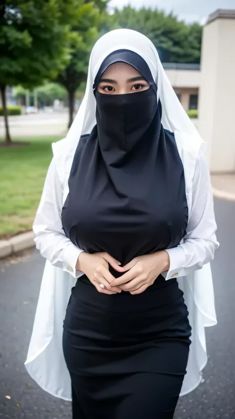  a beautiful young woman hijab, (((super big breast))), (very big breast covered), (Big breast), bare breast, perfect face, (((very huge big breast,))), ((( Big Breast))) sleeveless long dress muslim, (((covering mouth, long veil))), Slim Face、25 years old...