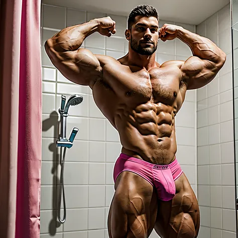 full viw full body, Very tall musclebound white european bodybuilder male with red undercut haircut. Huge over sized biceps. Standing in a bathroom in front of the shower.  Handsome. Massive muscles. Arm lifted to show peaked over-exagerated bulbous flexed...