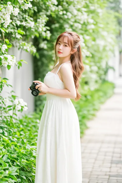 arafed woman in a white dress holding a camera, chiho, dslr 5 0 mm portrait photo, wearing white dress, photo taken with nikon d 7 5 0, photo taken with nikon d750, photography], shot with canon eoa 6 d mark ii, asian girl with long hair, dlsr 5 5 mm, youn...