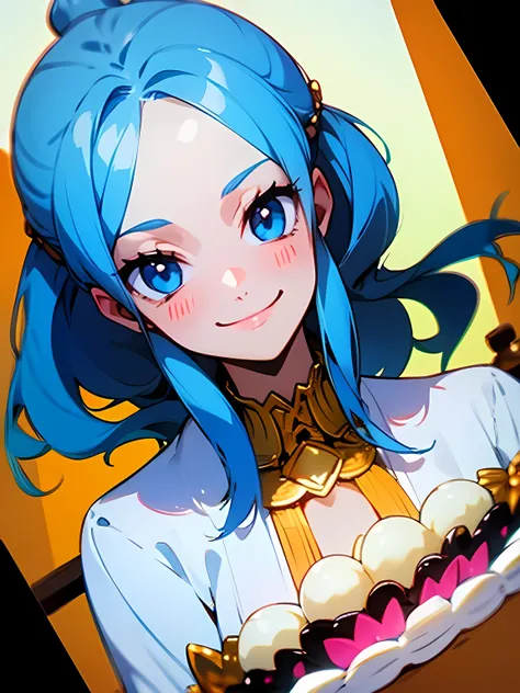 dutch angle,looking at viewer:1.2,solo,upperbody,(NefertariVivi),blue hair,happy,delicious smile.Highest quality 、gorgeous cake、