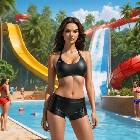 woman in red bikini top and red shorts standing in front of a water slide, realistic bikini, photorealistic perfect body, swimsuit model, water park, adventure hyper realistic render, bikini model, victoria justice, promotional render, by Mikhail Lebedev, ...