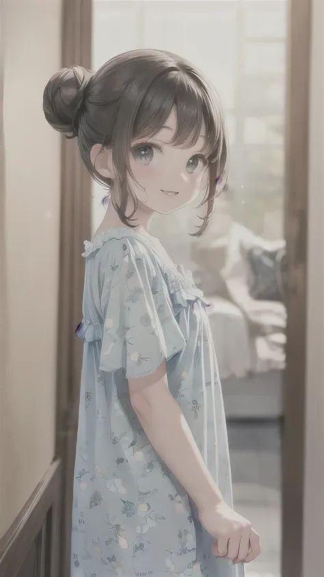 floral nightgown, from side, hair bun, looking at viewer, smile, lips, indoors