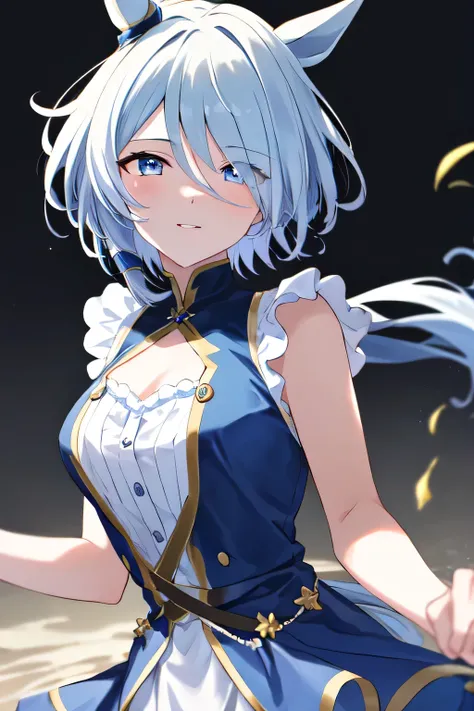 (masterpiece), highly detailed, best quality, (high resolution), 8k, 1girl, solo, k.s.miracle, umamusume, short hair, blue hair, horse ears, horse girl, horse tail, blue eyes, cinematic angle, looking at viewer, blue dress, frilled dress, party, gentle smi...