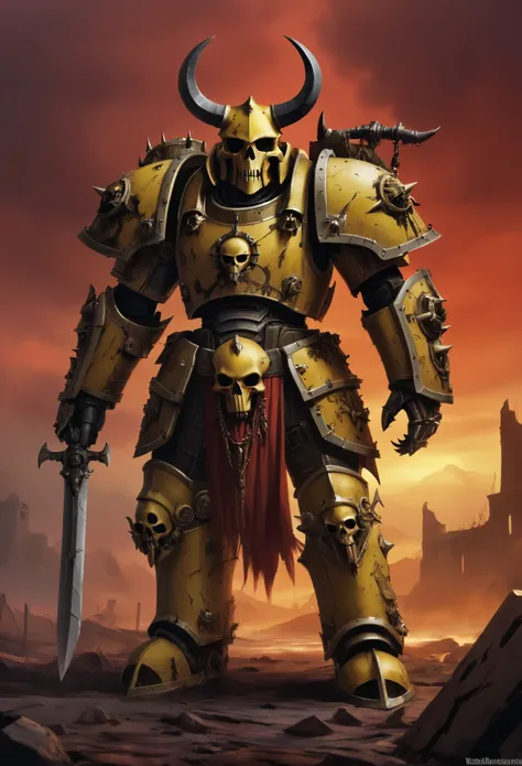 warhammer 40k, Human, clad in the grim armor of the Chaos Marines, yellow armor, horse skull helmet, horns, gloomy atmosphere, Red Sky, Ruin