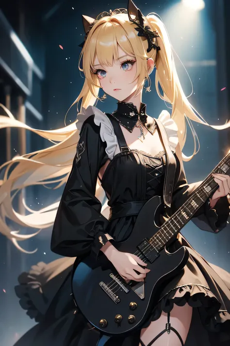 One girl, blonde twin-tail hair, wearing a black gothic long dress (Punk black maids dress in sequinned fabric), lots of metal accessories, playing guitar,cyberpark cityin the background.