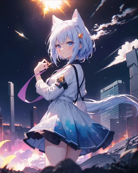 anime nekogirl, with neko ears, looking at a shooting star above the clouds, highly detailed raw color photo, dynamic pose, (cosmic: 1.4), (necropolis: 1.1), (science fiction setting), chromatic aberration, depth of field, soft lighting, masterpiece, best ...