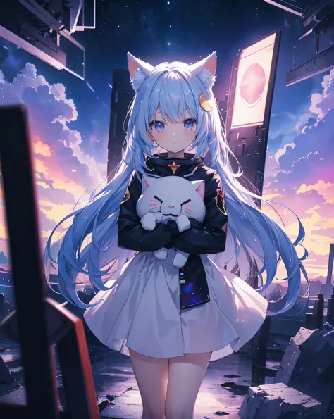 anime nekogirl, with neko ears, looking at a shooting star above the clouds, highly detailed raw color photo, dynamic pose, (cosmic: 1.4), (necropolis: 1.1), (science fiction setting), chromatic aberration, depth of field, soft lighting, masterpiece, best ...