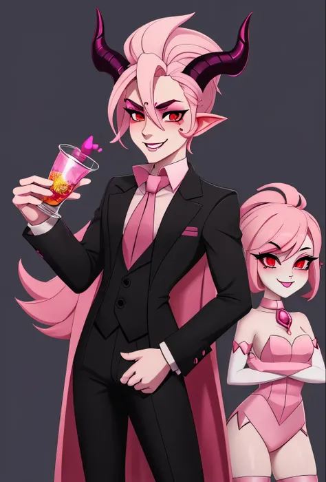 Male, Succubus Male demon, Male humanoid, powder pink skin, ram horns, dental scrubs, feminine appearance. Cartoon art style. In the style of Hazbin Hotel 