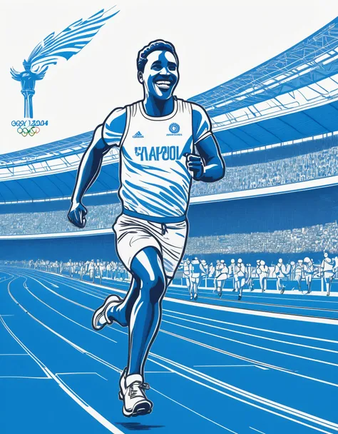 ((Stamp design))，Blue line drawing，Line Art，Blue pen drawing，2024 Paris Olympics，A person wearing an Olympic Games uniform holding a torch and running on the track, smiling and facing the camera，Panorama close-up，Best quality，Best Work of the Year，