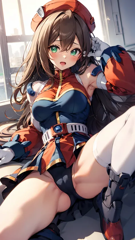 iris_megamanx, 1girl, solo,(android), long hair, brown hair, hat, green eyes, white gloves, beret,(upper body:1.3),open mouth, embarrassed ,blush,(spread legs:1.3),(legs up),masterpiece,Noise Reduction,perfect anatomy,high resolution, ultra-detailed, ultra...