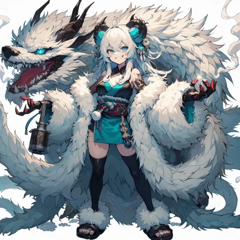 (Masterpiece, Top Quality), (Fine Hair), Ultra-Detailed, Anime Style, Solo, Full Length, Concept Art, cute cyberpunk beasty lady, massive, SMILING-JAGGED-TEETH, WHITE SHAGGY HAIR. turquois-blue eyes, Fluffy fur claws, wearing fur coat and cyber- KIMONO. sm...