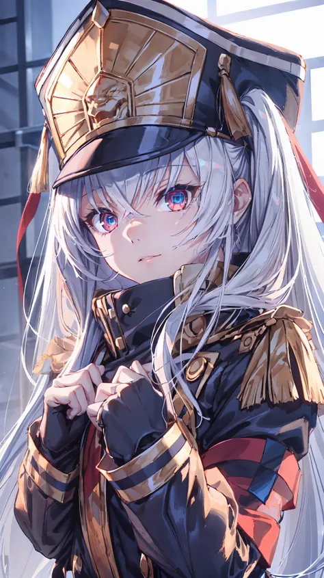 upper body,altair,1girl,solo,chibi,(hat),other clothes, masterpiece,Noise Reduction,perfect anatomy,high resolution, ultra-detailed,game cg,dutch angle ,beautiful detailed eyes,visualart,five fingers, perfect hands, perfect lighting,
