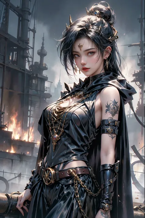 A striking portrait of a Tarotpunk woman, adorned with intricate steampunk-inspired tattoos and a mysterious aura. She wears a dark outfit with a flowing cape, and her eyes are hidden behind a pair of goggles. The background is a blend of dark, stormy skie...