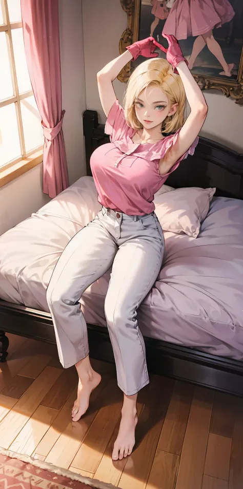 masterpiece, best quality, full body, barefoot, solo, female, big breast, Android 18, pink capelet, pink tunic, white pants, brown gloves, full body, looking at viewer, shy, from above, mansion, room, finely decorated room, pink theme, big breast but cover...