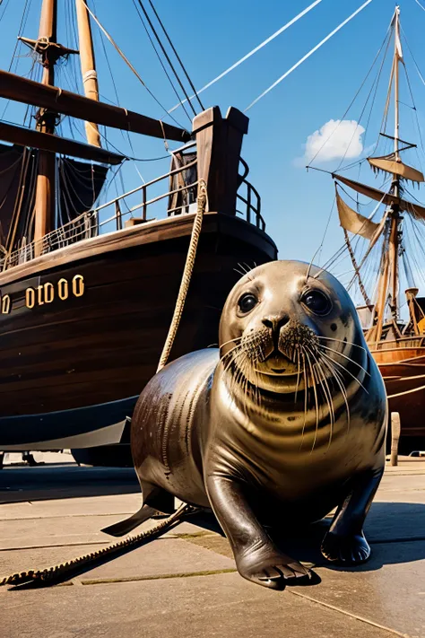 A seal holds a mop in its paws on a pirate ship