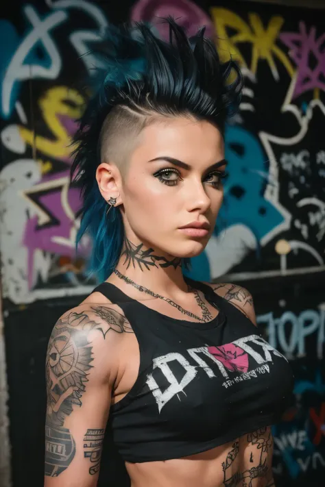 Photorealistic, ultra-detailed, ((side viewer )), ((Rocker punk girl, spiky mohawk hair)) girl, (((hot Bod, Brazilian Girl, ABS, tattoo))), t-shirt nipples, t-shirt Written "666".portrait photo, grunge, Solo, dimly lit room, edgy urban scene with graffiti,...