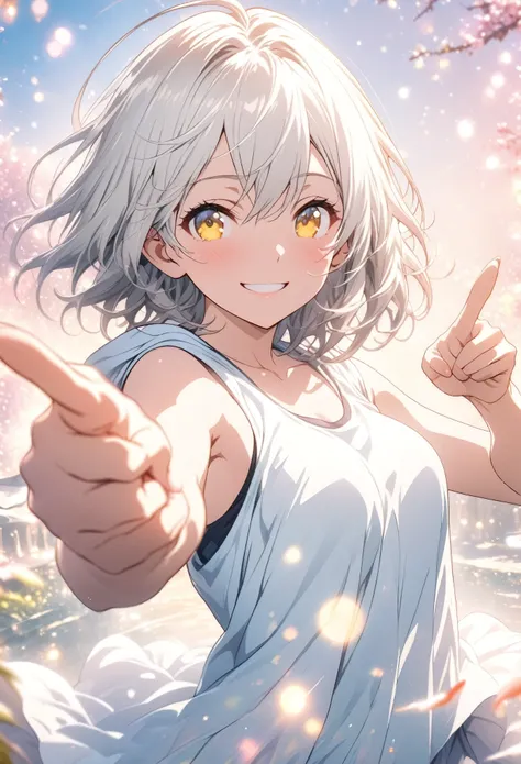 masterpiece, Highest quality, Highly detailed CG Unity 8K wallpapers, High School Girl Anime Illustration. Wear an oversized tank top, Hooded、Koi Dance Choreography, Pointing the index fingers of both hands, she has her eyes closed and mouth open, smile. T...