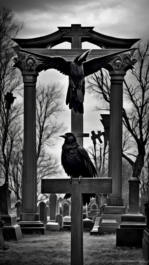 arafed crow sitting on a cross in a cemetery, crows as a symbol of death, ominous gothic aesthetic, dark crow, gothic!!, by Gonzalo Endara Crow, dark and gothic, crows, gothic style, gothic aesthetic, in the middle of a graveyard, crows beautiful, gothic a...