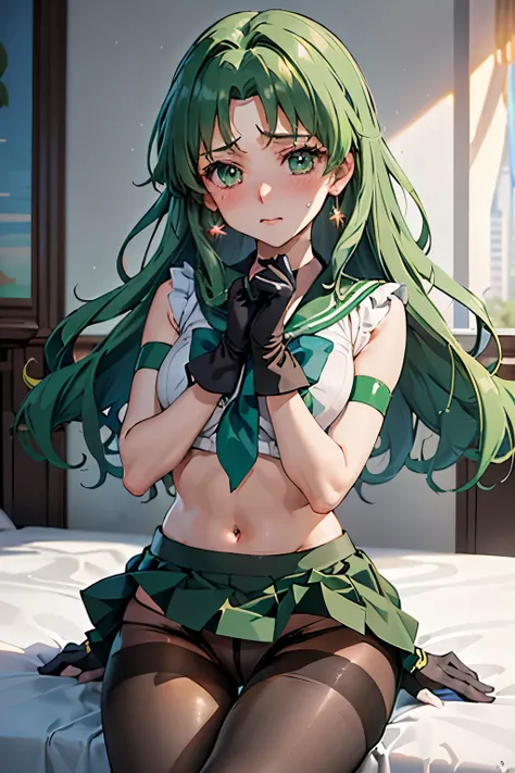 (Highest quality:1.1), (masterpiece:1.4), (Absurd:1.0), 
One Girl, Sailor Neptune、Green Hair、Medium chest、Looking at the audience、Bedroom、(blush:1.2)、Embarrassed expression、(((Black Panties)))、(Have a skirt)、((mini skirt))、((pantyhose))、((Long gloves))、((U...