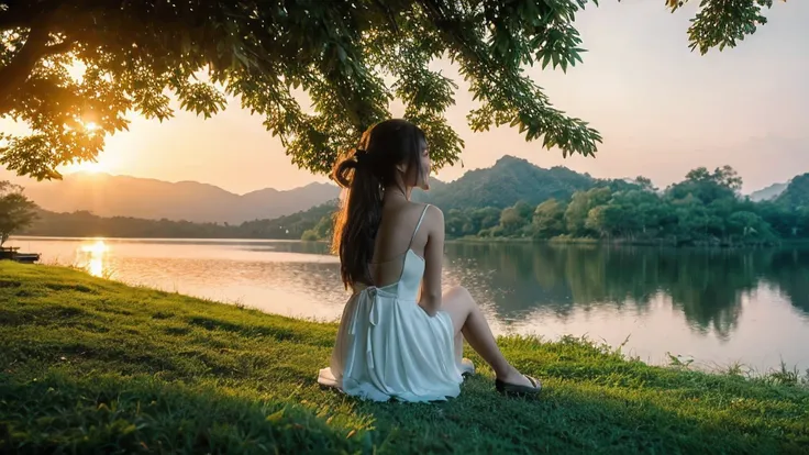 best quality, masterpiece, woman sitting with back turned,  evening twilight, lake behind mountain, sunset, big tree in the midd...