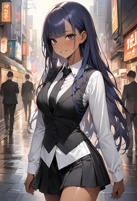 ((masterpiece,Highest quality:1.3,best quality illustration)),realistic,cowboy shot,1woman,(20 year old beauty),((very small head:1.4)),ideal ratio body proportions,dark blue hair,straight long hair,bangs,black eyes,gorgeous big eyes,smile、((tan skin,skinn...