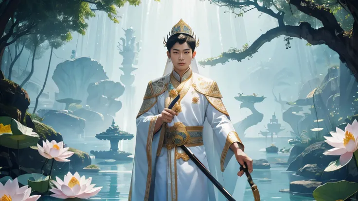 The Prince Boy (Bơ Thoại) is depicted in a flowing white ao dai, decorated with delicate patterns. He stands with a calm and benevolent expression, his eyes reflecting authority and compassion. On his head, he wears an axe-beaked turban, meticulously desig...