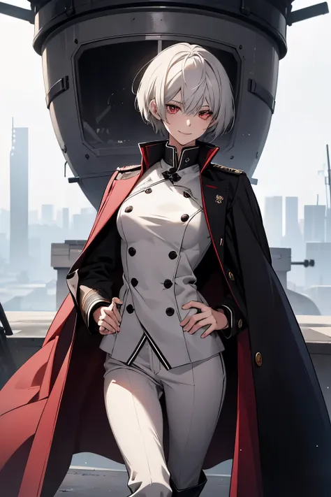 (Confused, High resolution, Very detailed), 1 female, Silver Hair,Short Hair,Bright red eyes,White and black military uniform,24th generation,beauty,mature,thin,quiet,Calm,A small smile,A kind smile,In front of people you like,Long coat,Slender and thin,bo...