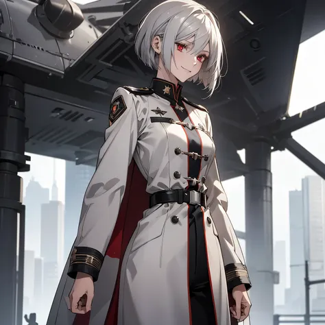 (Confused, High resolution, Very detailed), 1 female, Silver Hair,Bob Hair,Bright red eyes,White and black military uniform,24th generation,beauty,mature,thin,quiet,Calm,A small smile,A kind smile,In front of people you like,Long coat,Slender and thin,boot...