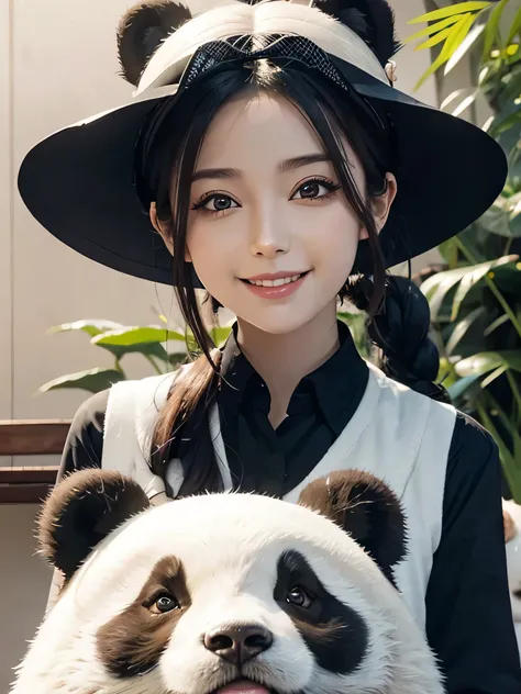 Combined with a smiling live panda　Beautiful woman、