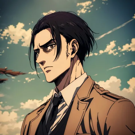 Attack on Titan screencap of male in mappa art style who has black hair and has brown eyes. Show him in black shirt. Give him sharp jawline. Also show his small beard hairs a little. He is alone. Show him wearing black suit.