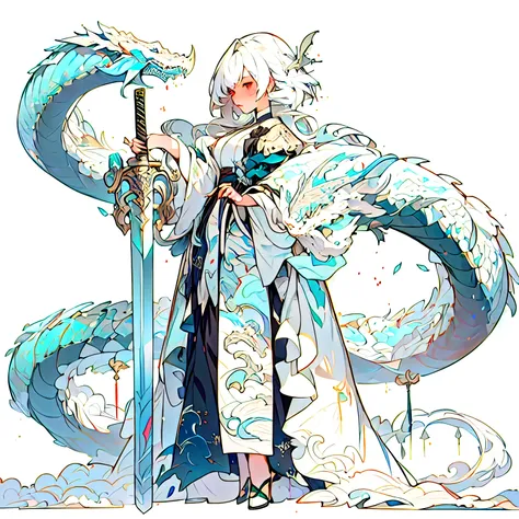 anime character dressed in white holding a sword and a dragon, white haired deity, trending on artstation pixiv, guweiz on pixiv...