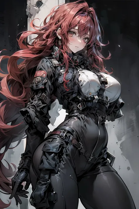 ((best quality)), ((Masterpiece)), (details), 1 girl, SWAT uniform, Long red hair, big breasts, hip ups,