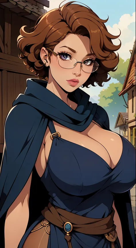 Solo, female, tan skin, curly hair, (((short hair))), light mahogany hair, lipstick, eyeliner, eyelashes, thick eyelashes, big breasts, linen tunic, (navy cloak), glasses, fantasy village, mature female