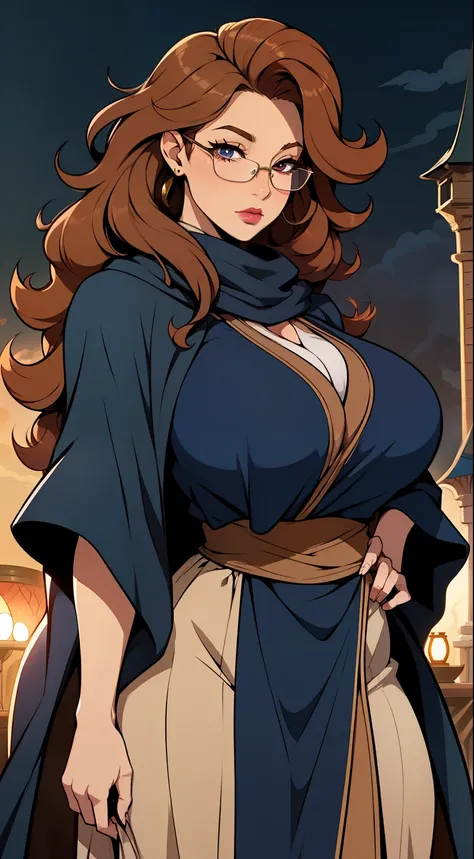 Solo, female, tan skin, curly hair, (((long hair))), light mahogany hair, lipstick, eyeliner, eyelashes, thick eyelashes, big breasts, linen tunic, (navy cloak), glasses, fantasy village, mature female