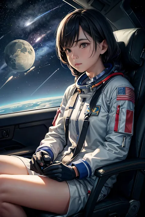 female astronaut sitting in a spaceship seat, looking ahead, at the moon, starry sky with a planet in the background, shooting star, space, (realistic face), half body,

