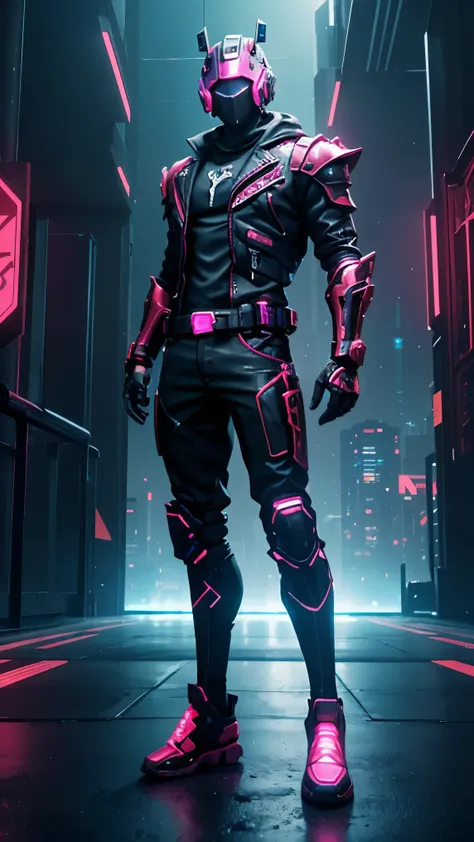 ((Full body photo, standing, feet on the floor))  "Create an image of a Fortnite King skin, standing confidently in a cyberpunk-inspired outfit – a metallic armor red and black. The backdrop is an urban cityscape with vibrant neon lights, enhancing the fut...