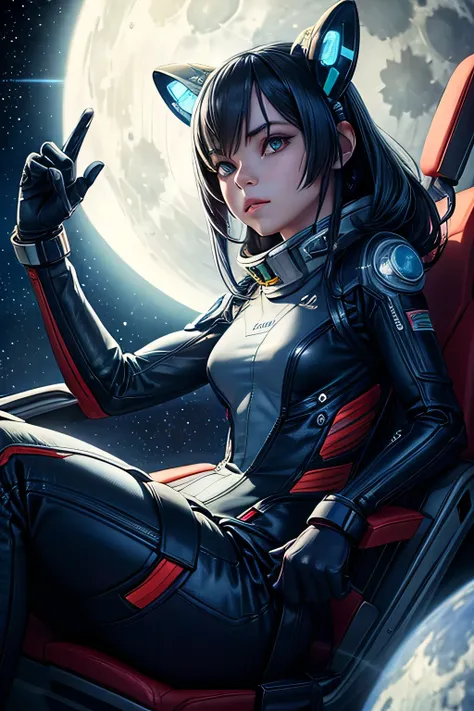 an alien female sitting in a spaceship seat, looking ahead, at the moon, starry sky with a planet in the background, shooting star, space, (realistic face), half body,