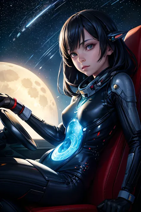 an alien female sitting in a spaceship seat, looking ahead, at the moon, starry sky with a planet in the background, shooting star, space, (realistic face), half body,