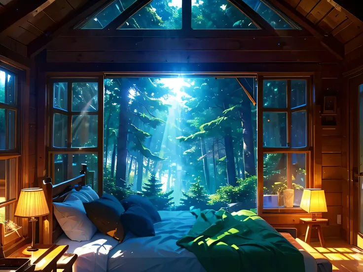 high resolution,High definition,high quality,landscape,realistic, log cabin, window outside, blue sky outside with warm sunlight, warm lighting outside,  sun, fireplace, bed with green sheets, warm mood lighting, side view of bed perspective, torch light i...